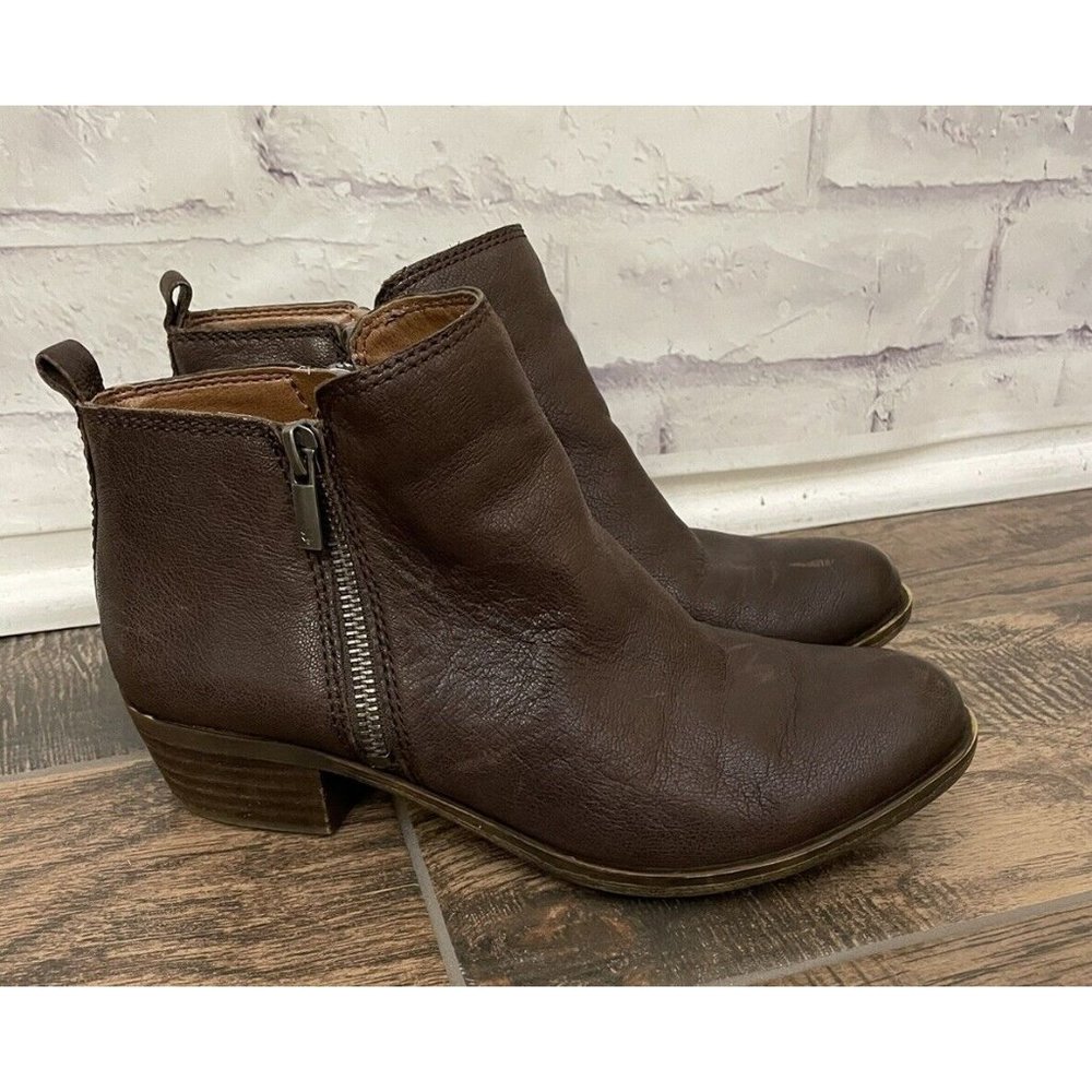 Lucky Brand Basel Bootie Size 8M Dark Brown Double Zippers‎ Chunky Heal Leather